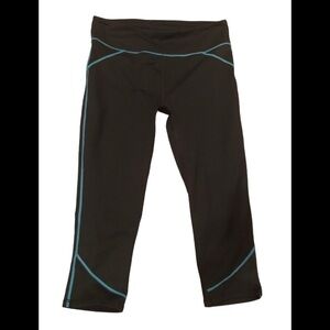 Fabletics Cropped Yoga Pant Sz M Black Blue Trim Active Casual Stretch Work Out